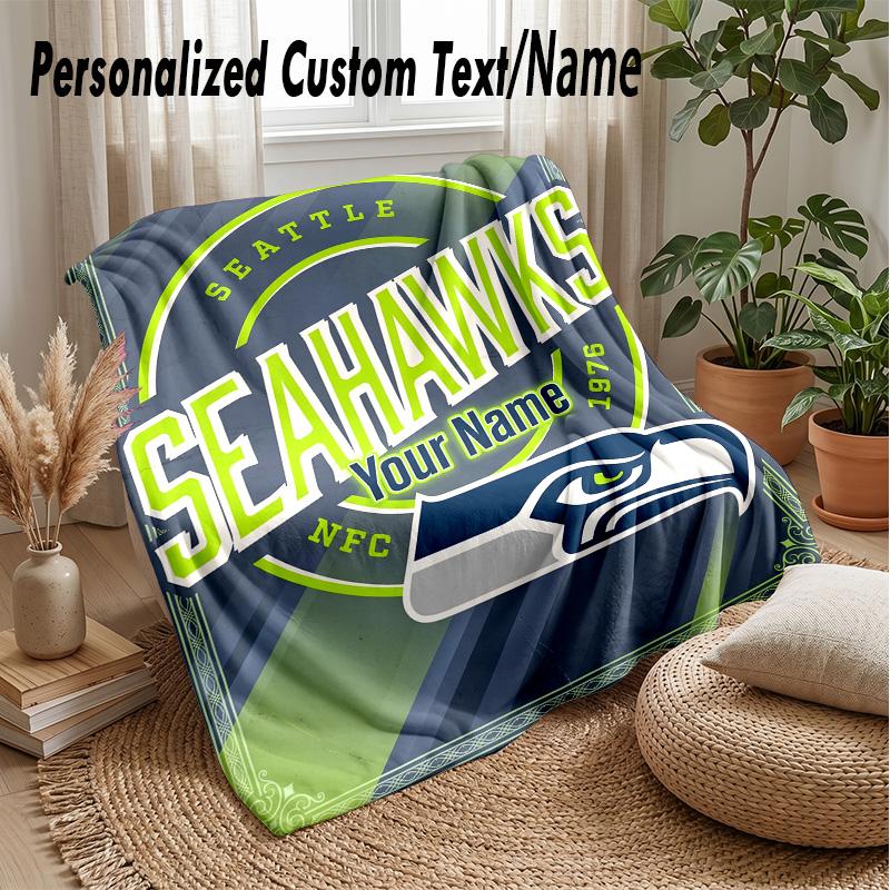 Seattle Seahawks Custom Flannel Throw Blanket Print Your Name Text Soft Warm Blanket Holiday Present