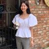 Koreanisches Sommer Puffärmel Quadratkragen Slim Fit Hemd für Damen
