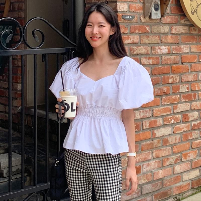 Koreanisches Sommer Puffärmel Quadratkragen Slim Fit Hemd für Damen