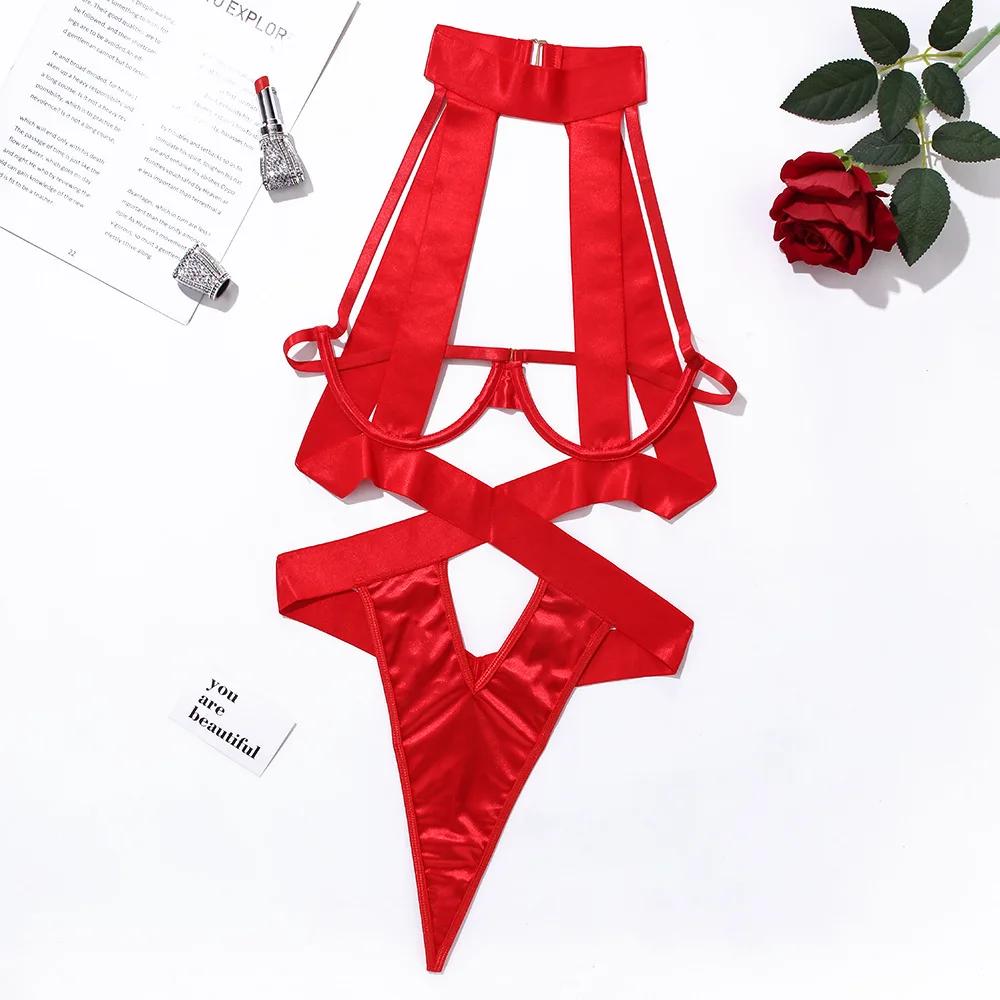 Black Halter Bodysuits Sexy Lingerie Women Bandage One Piece Bra Sets Erotic Costumes Teddy Baby Doll Dress Push Up Underwear