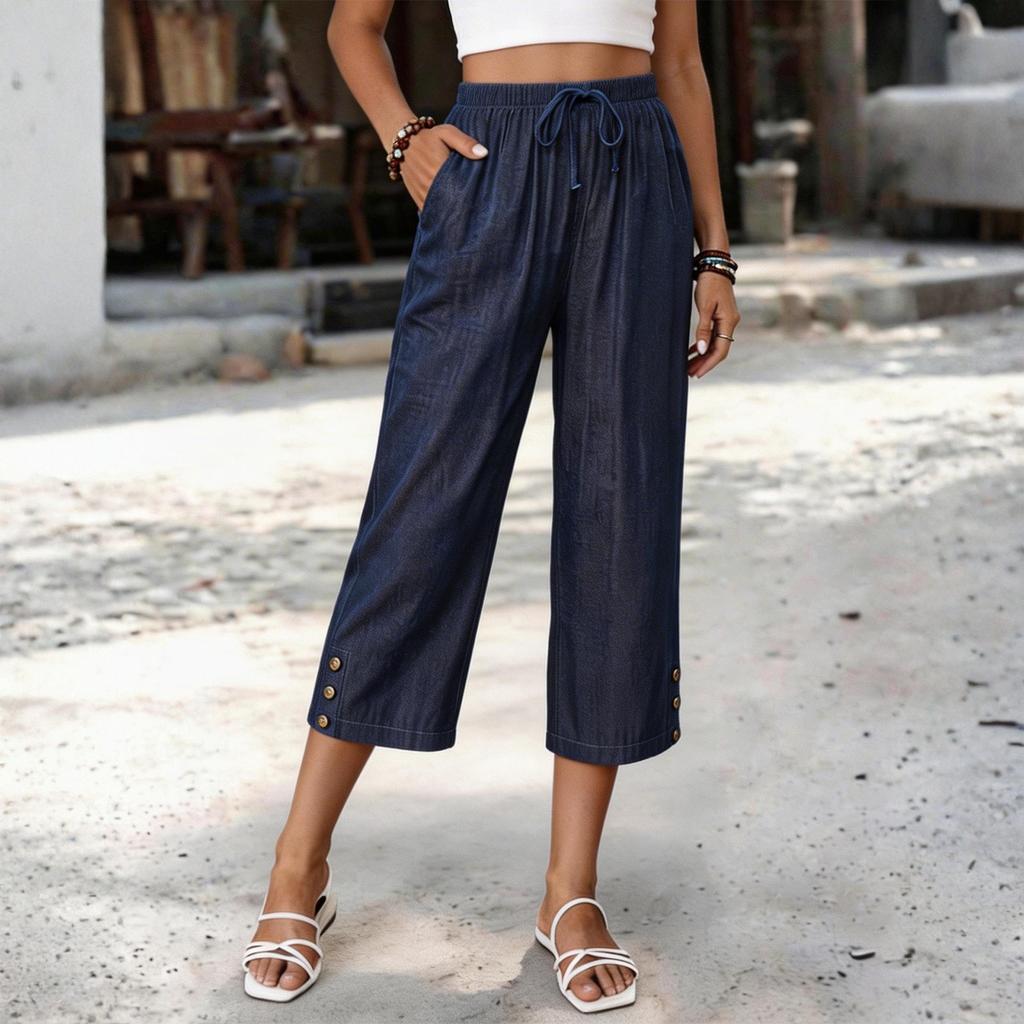 Women Drawstring Waist Loose Fit Cropped Pants with Pockets and Button Detail Casual Straight Leg Trousers