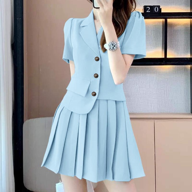 ZANZEA Women Short Sleeve Blouse and Pleated Skirts Casual Two Piece Sets