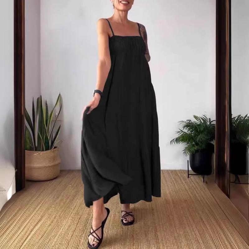 Spring Summer Solid Color Casual Chest Wrapped Pleated Suspender Dress for Women