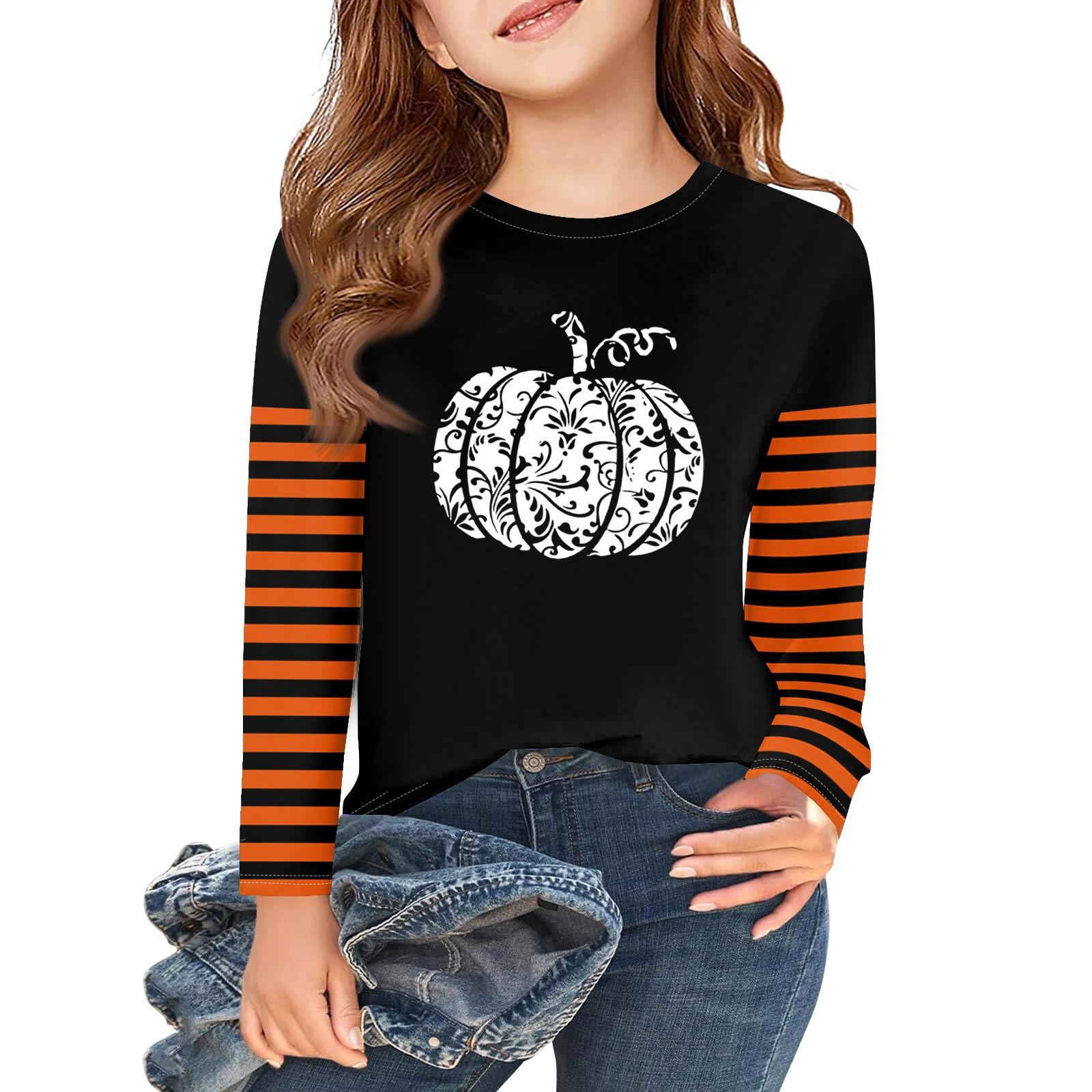 

Футболки с длинным рукавом для девочек на Хэллоуин, детские осенние топы с круглым вырезом, базовые футболки 2-11 лет 160 белый