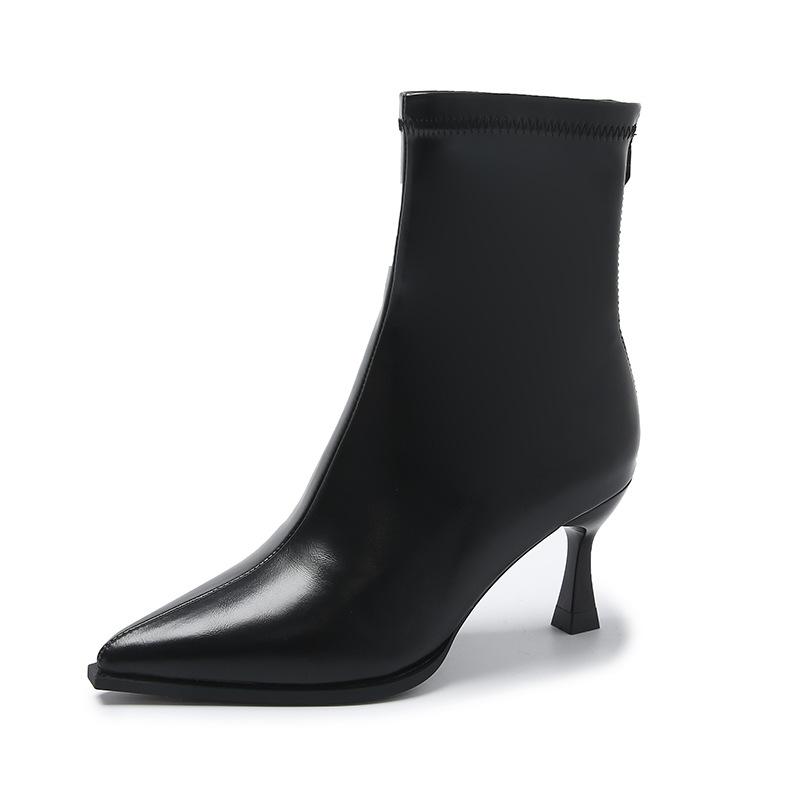 

2024 autumn and winter new niche thin boots women s shoes pointed French bright leather Korean thin heel high heel short boots 35 чёрный