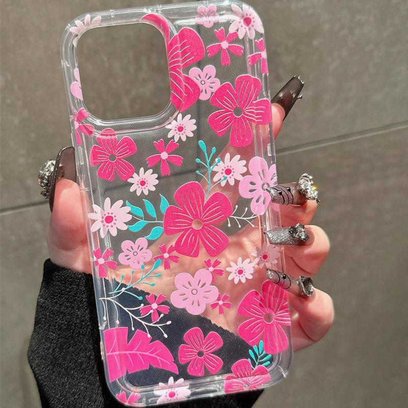 Retro Blue Pink Flower Applies To Apple 16promax Mobile Phone Case 15plus Transparent 14 Space Case 13 Airbag 12