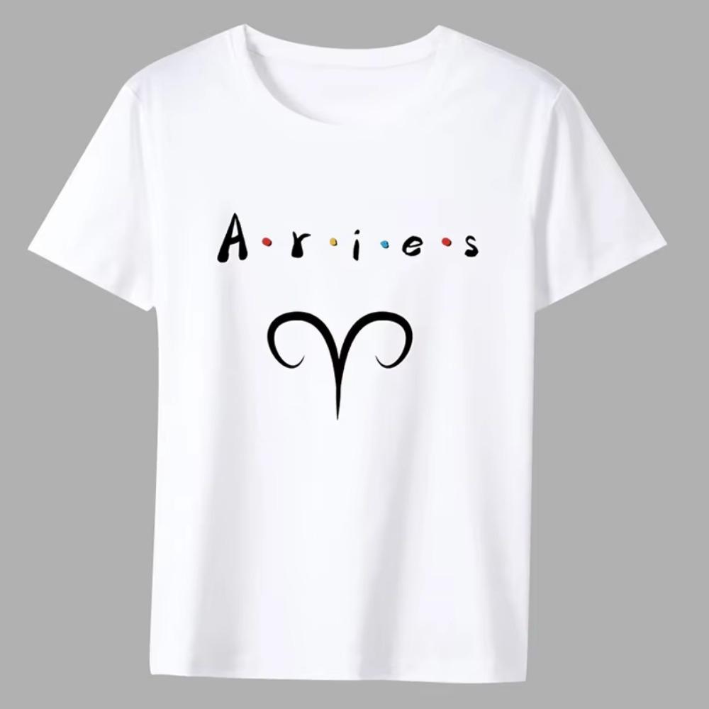 Fashion Men's Classic White T-shirt Twelve Constellation Print Pattern Series Casual Round Neck Commuter Comfortable Men's Shirt