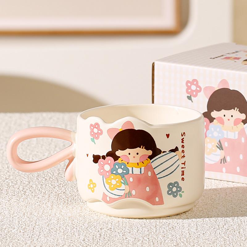 New Creative Cartoon Retro Girl Mug Ceramic Cup High Value Color Block Handle Souvenir Coffee Cup Gift