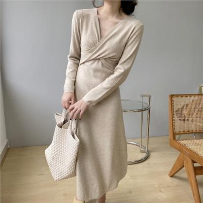 Autumn Winter Casual V-neck Sweater Dresses Fashion Solid Color Long Sleeve Knitted Women Loose Dress