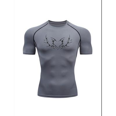 Men'S Tribal Heart Print Compression T-Shirt, Quick Dry Short Sleeve Gym Workout Tee, Gothic Tribal Pattern Athletic Fitness Training Top