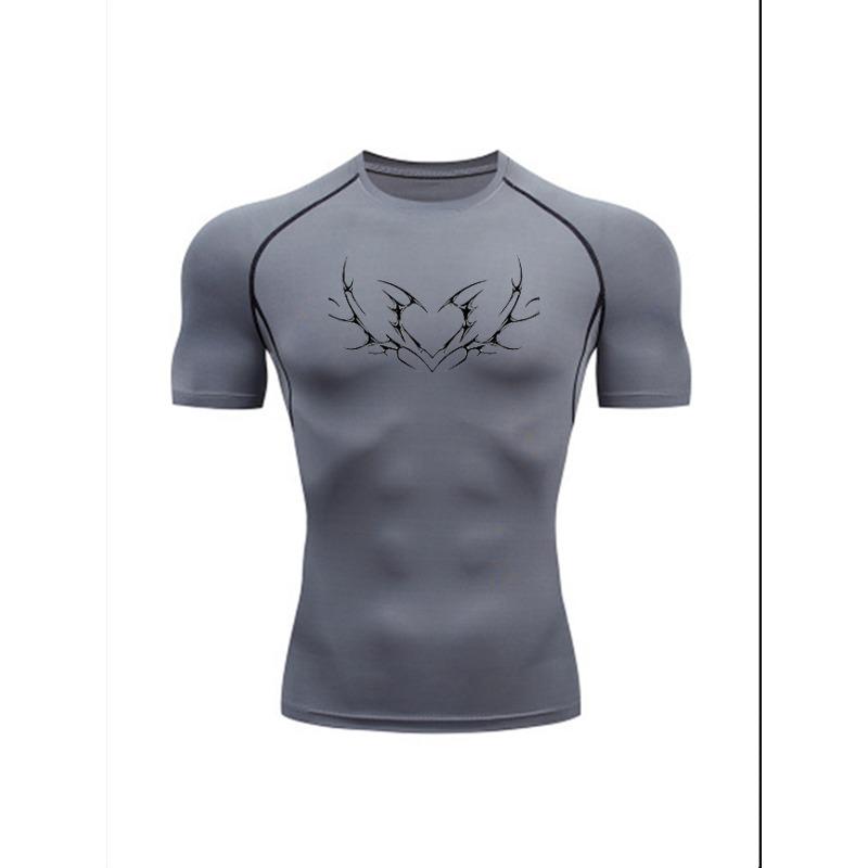 Men'S Tribal Heart Print Compression T-Shirt, Quick Dry Short Sleeve Gym Workout Tee, Gothic Tribal Pattern Athletic Fitness Training Top
