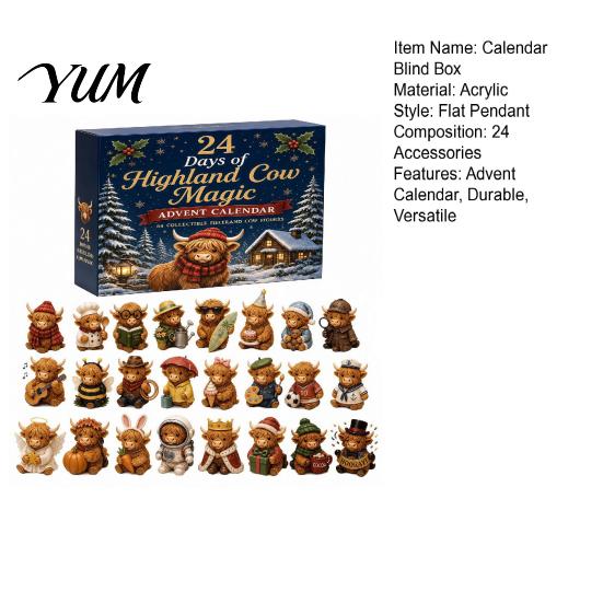 Acrylic Christmas Tree Ornaments Highland Cow Advent Calendar, 24 Unique Ornaments, Decorative Surprise Gift 2D Flat Hanging Charms for Decoration