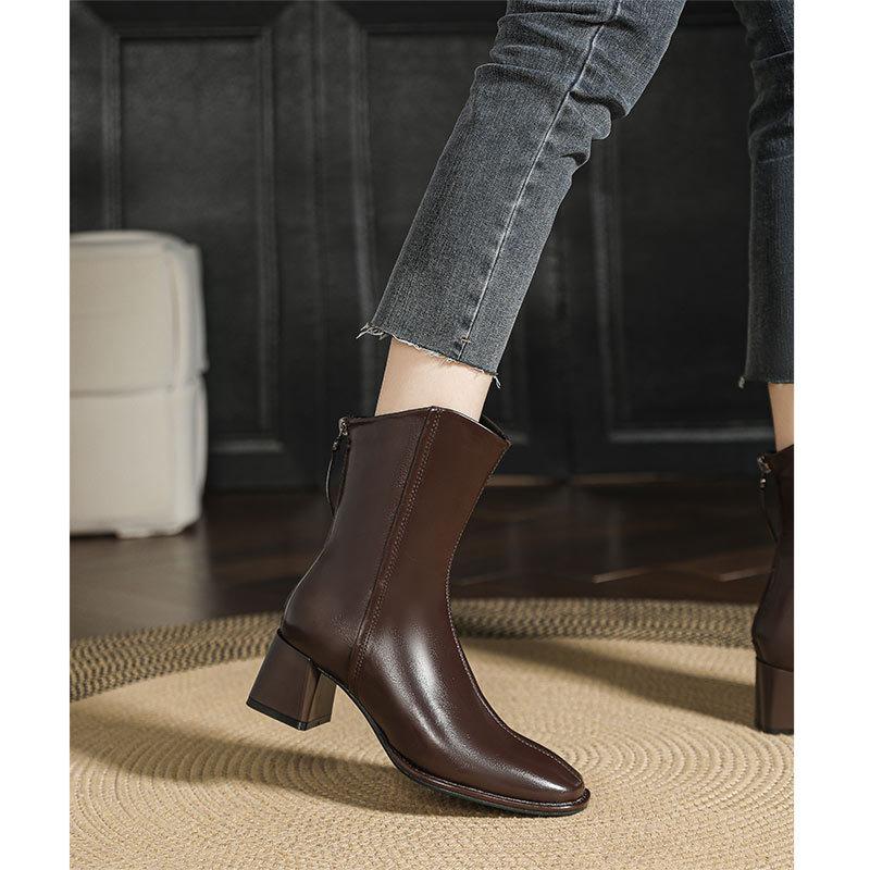 Thick heel short boots women's 2024 new medium boots diagonal brown French small short boots square head high heel thin boots