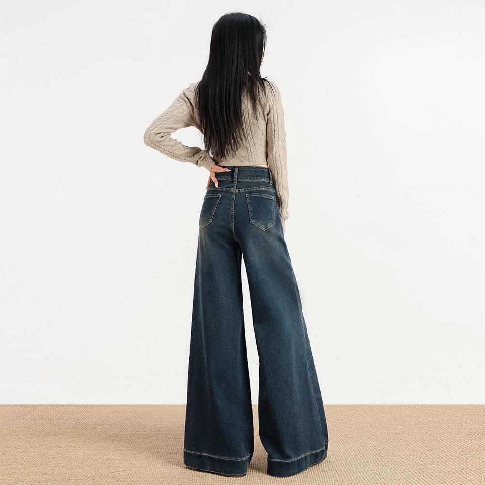 Wide-legged denim flared pants women's extended tall autumn new dark blue high-waisted thin loose floor pants