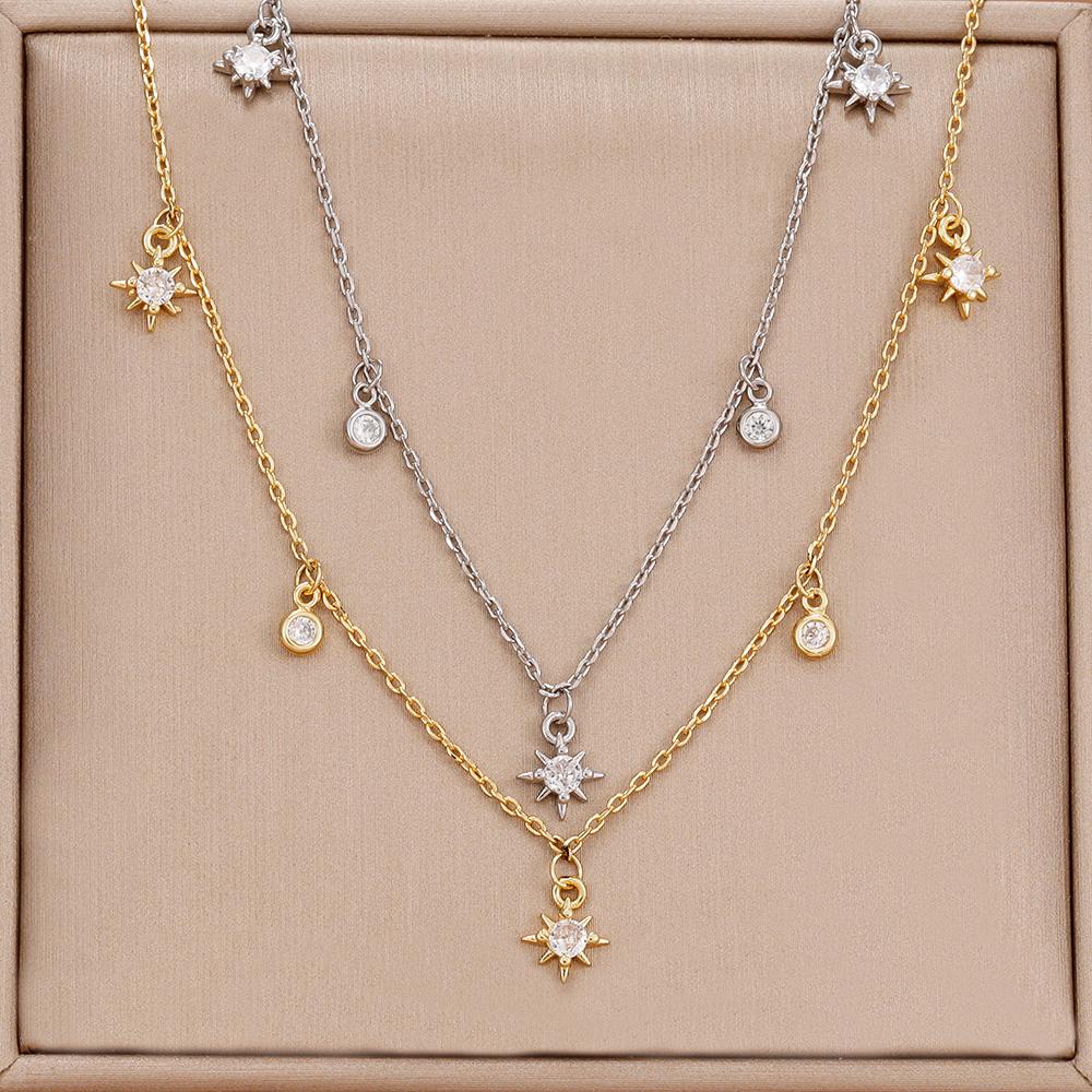 Vintage Stainless Steel Zircon Star Charms Necklaces For Women Elegant Luxury 18k Gold Plated Chain Necklace Choker Jewelry
