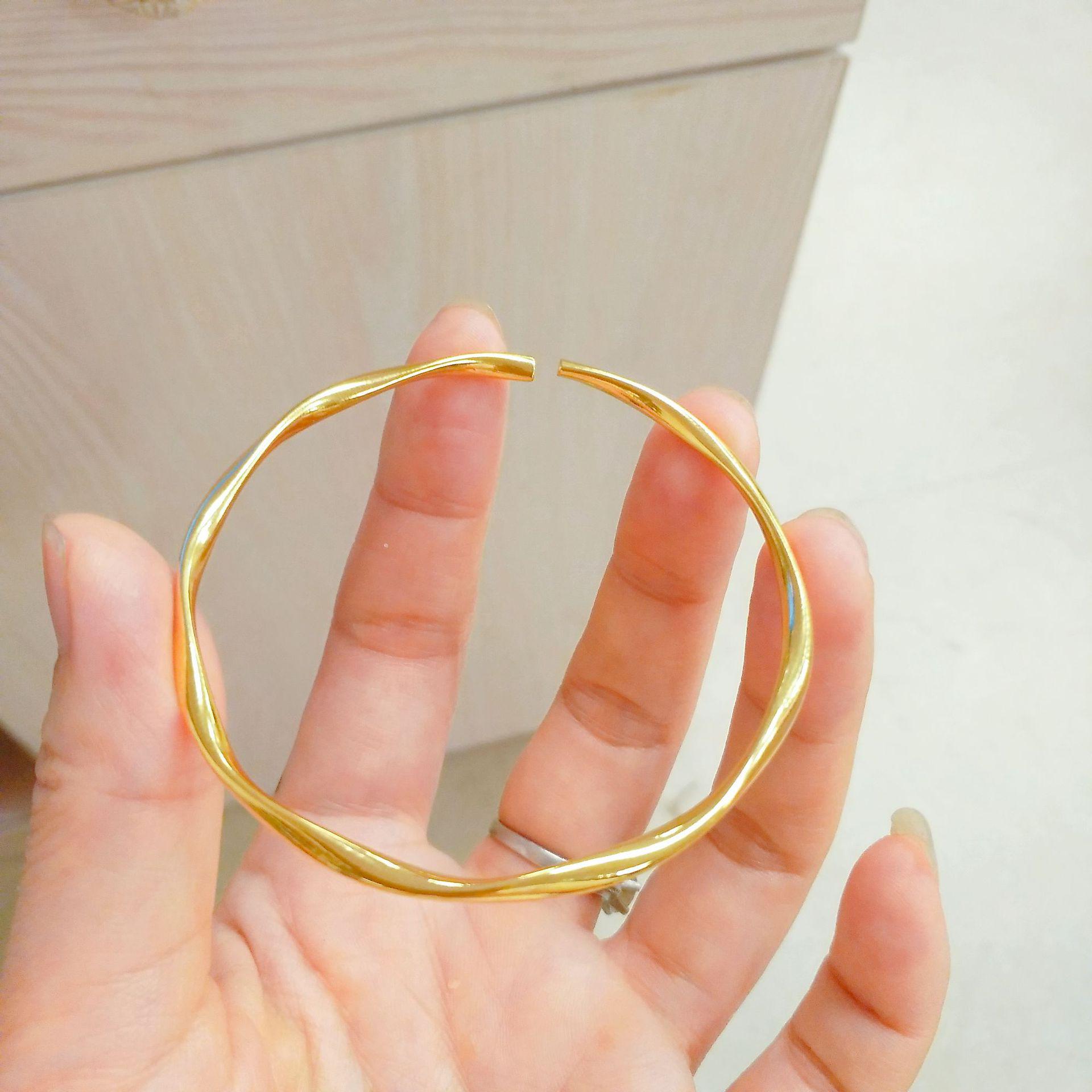 Вьетнамский Песочный Золотой Тонкий Латунный Открытый Браслет-Манжета с Позолотой для Женщин