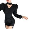Elegante Koreaanse Halter Nek Bodycon Jurk met Trekkoord Taille - Lichte Luxe, Lange Mouwen, Lente/Herfst Stijl, Sexy Korte Rok voor Dames