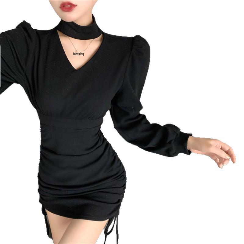 Elegante Koreaanse Halter Nek Bodycon Jurk met Trekkoord Taille - Lichte Luxe, Lange Mouwen, Lente/Herfst Stijl, Sexy Korte Rok voor Dames