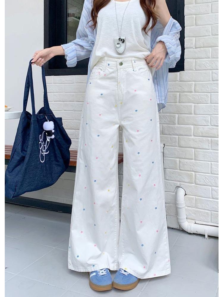 

Flower Embroidered Denim Wide-legged Trousers Women s Autumn Temperament Coloured High Waisted Small Person Drape Straight Long Trousers Denim Pants XS
