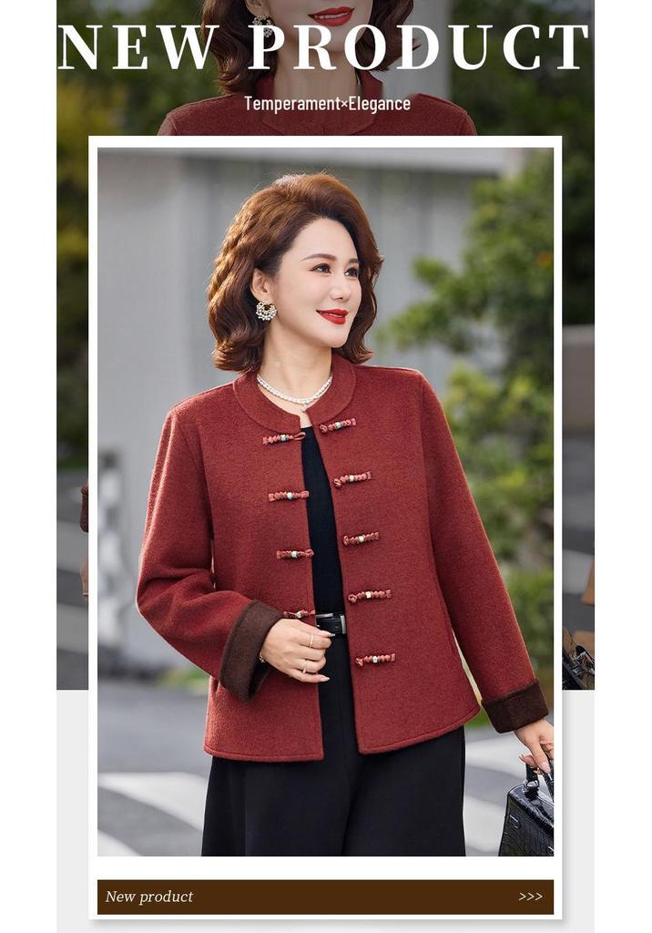 Stylish Chinese Retro Woolen Coat for Middle-Aged and Elderly Women (40-60) - Spring/Autumn National Style