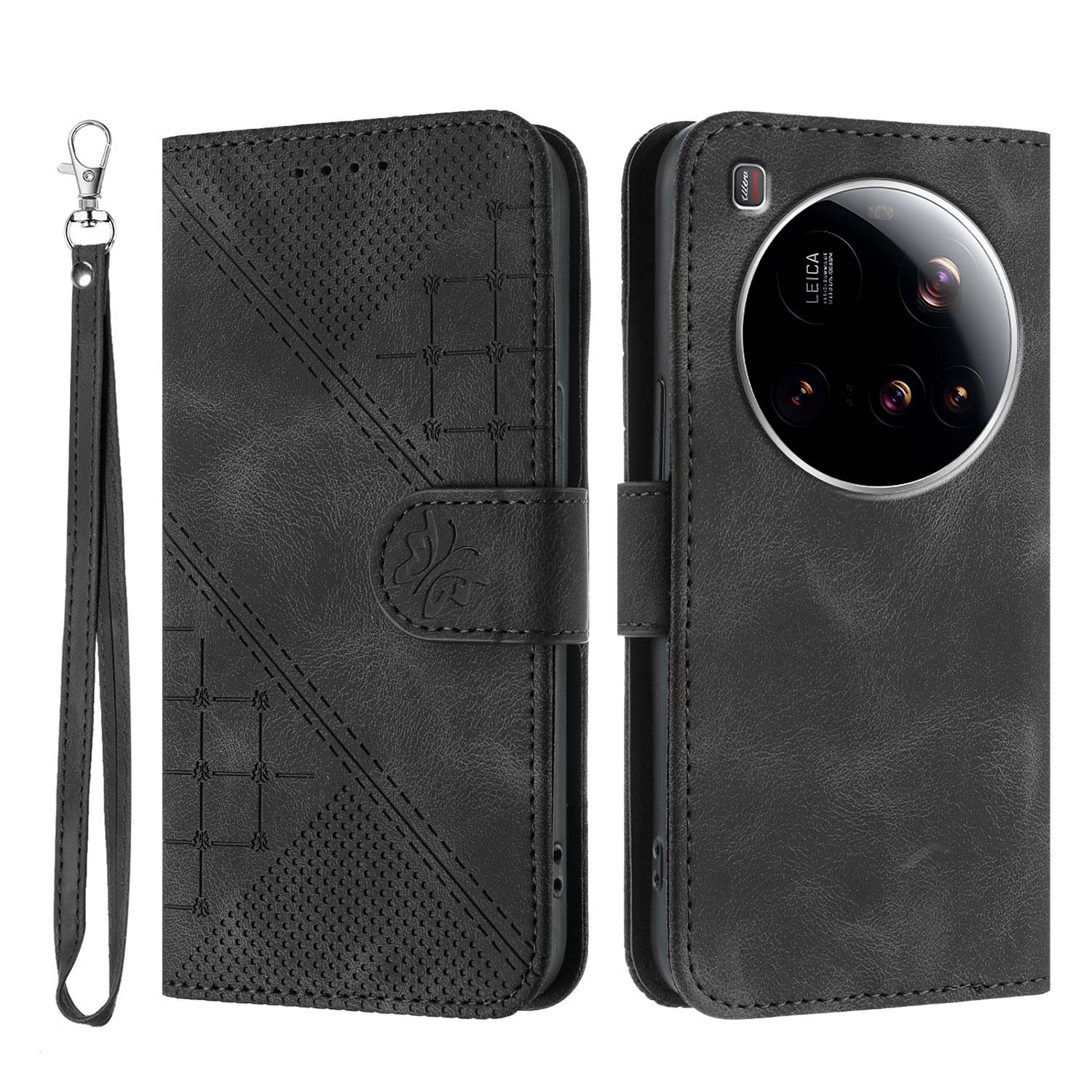 

For Xiaomi 15 Ultra Leather Wallet Case Butterfly Flower Imprinted Phone Cover with Strap Black