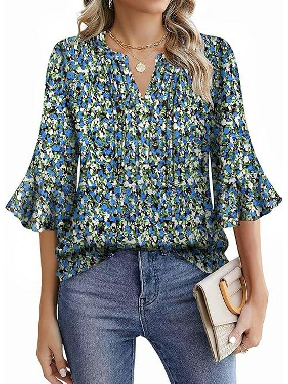 2025 Bluzka Szyfonowa z Dekoltem V w Kształcie Liścia Lotosu - Jednolity Kolor, Rękaw Siedmiopunktowy, Swobodny Luźny Krój