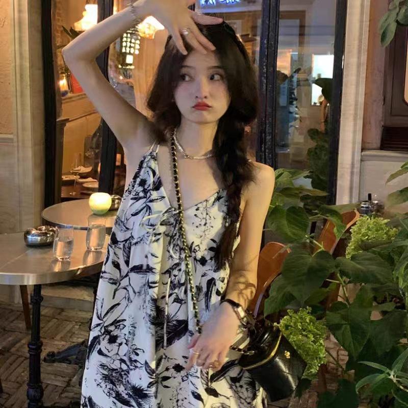 Ink printing v-neck suspender dress summer women's French niche loose lazy wind knee long floral dress
