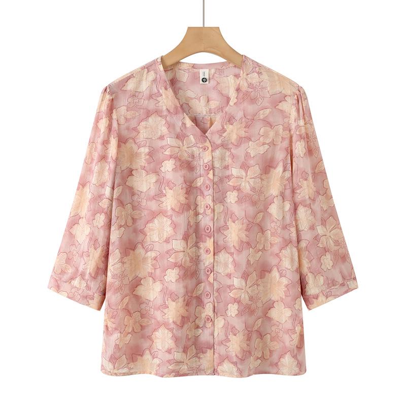 Fashionable Floral Print Blouse for Stylish Grandmas - Plus Size, Loose Fit, Summer Three-Quarter Sleeves