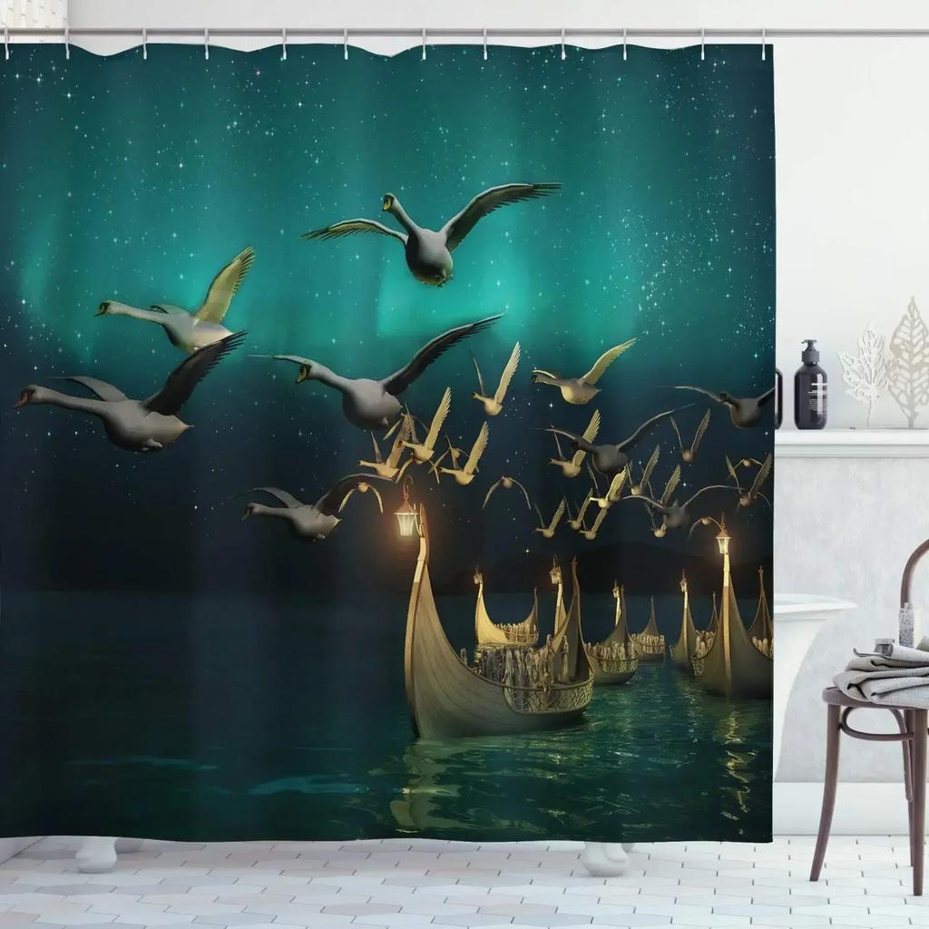 Norse Vikings Ship Shower Curtain Fantasy Boat Art Black and White Color Sailing Dragon Ship Curtain for Bathroom with Hooks