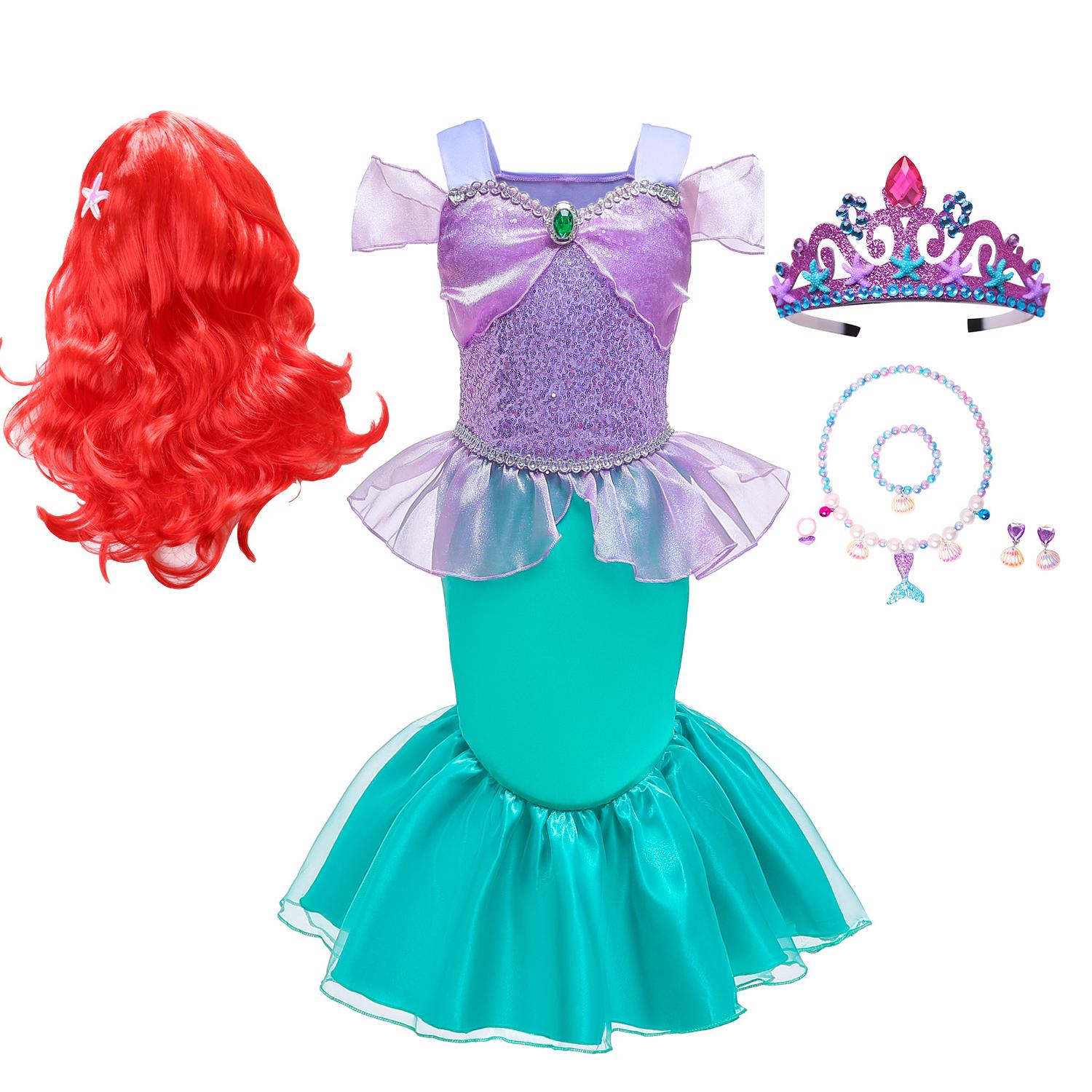 Костюм принцессы Русалочки для девочек, детское платье для косплея + парик + аксессуары, детская одежда на Хэллоуин, карнавал, день рождения 110