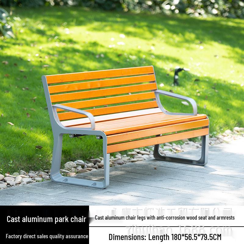 Cast Aluminum Park Bench with Solid Wood Backrest for Outdoor Courtyard