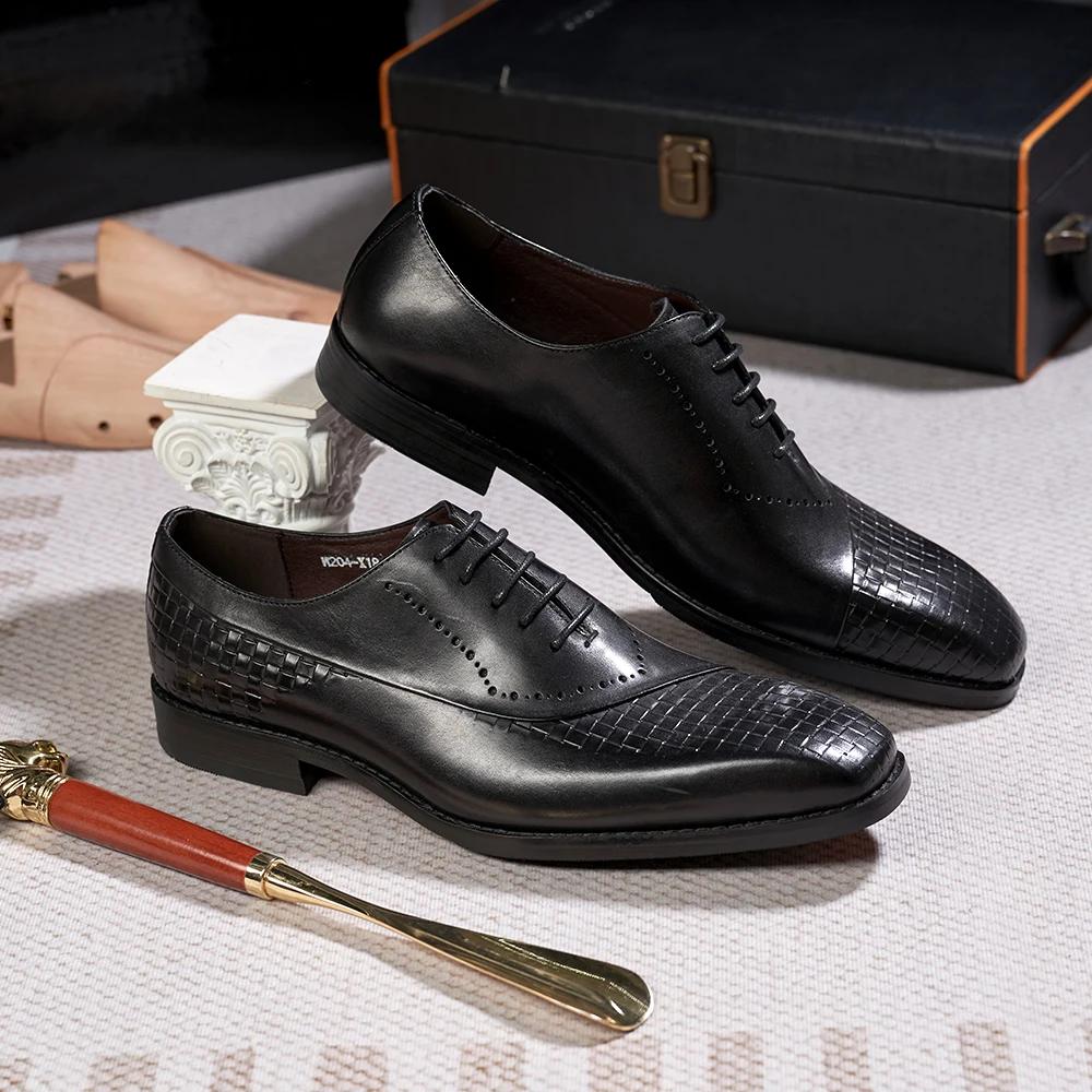 Fashion Men's Genuine Leather Oxfords Fashion Pointed Toe Wedding Party Dress Shoes Luxury Lace-Up Office Career Formal