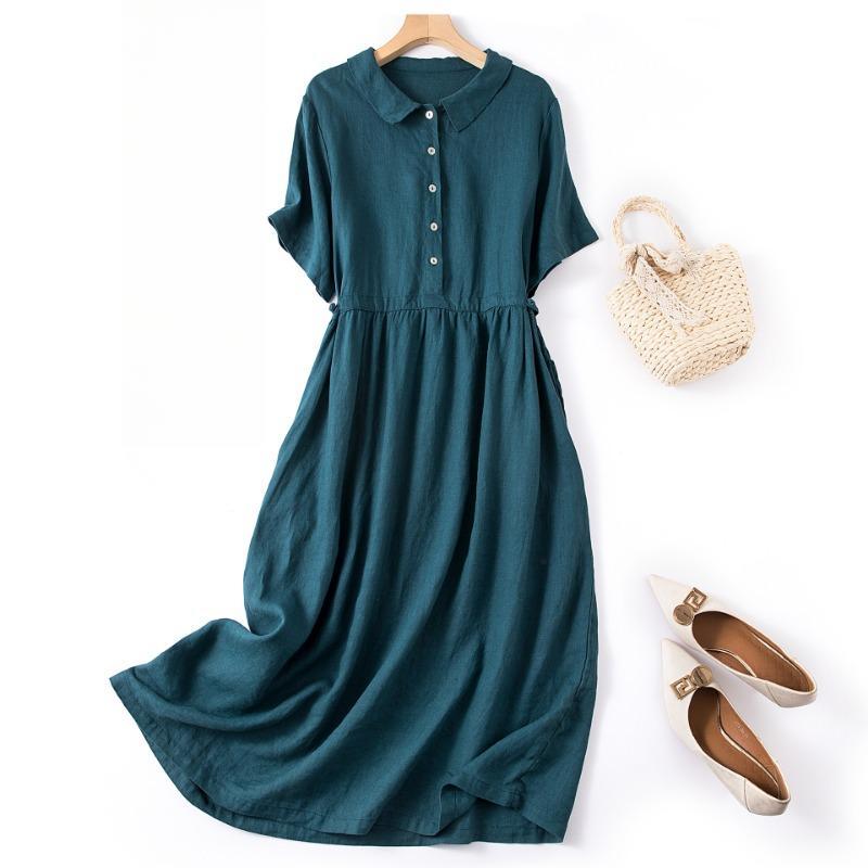 Summer Short Sleeve Shirt Collar Artsy Vintage Loose Single-breasted Skirt