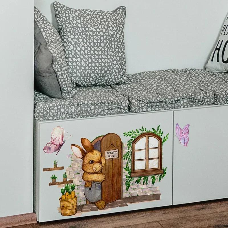 New Creative Hare Cute Bunny Butterfly Wall Sticker Breaking Out The Door Living Room Bedroom Creative Decorative Wall Sticker