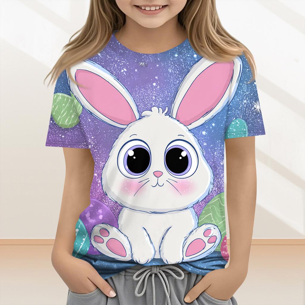 Lässige und modische Osterkleidung für Kinder, mit Hasen, Ostereiern und bedruckten kurzärmeligen Oberteilen und T-Shirts.