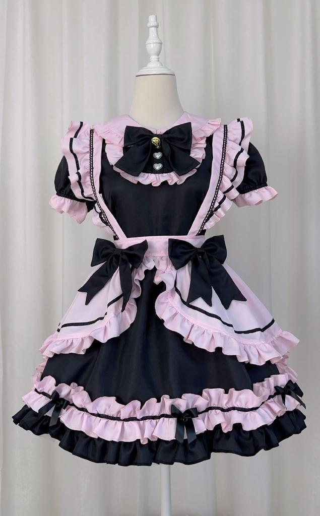 Maid Gothic Waitress Cosplay Costume with Ruffled Lolita Neat and Short Black and Pink Size [Shangki Manufacturing] Outfit, Lolita, Headband, Cute,