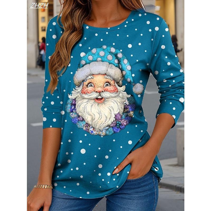 2025 Christmas Women's T Shirt Graphic Santa Claus Fashion Casual Long Sleeve T-shirt Crew Neck Regular Tops Print Spring Fall
