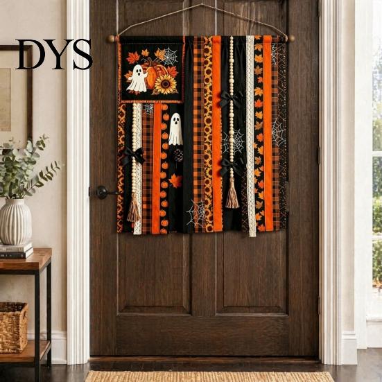 Seasonal Festival Gift Halloween Rag Banner, Orange Black Skull Ghost Pumpkin Hanging Decoration, Rustic Theme Banner Fabric Stripe for Front