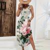 Women Sleeveless Floral Print Casual Loose Fit Long Dress Round Neck Side Slit Summer Maxi Dress for Daily Wear