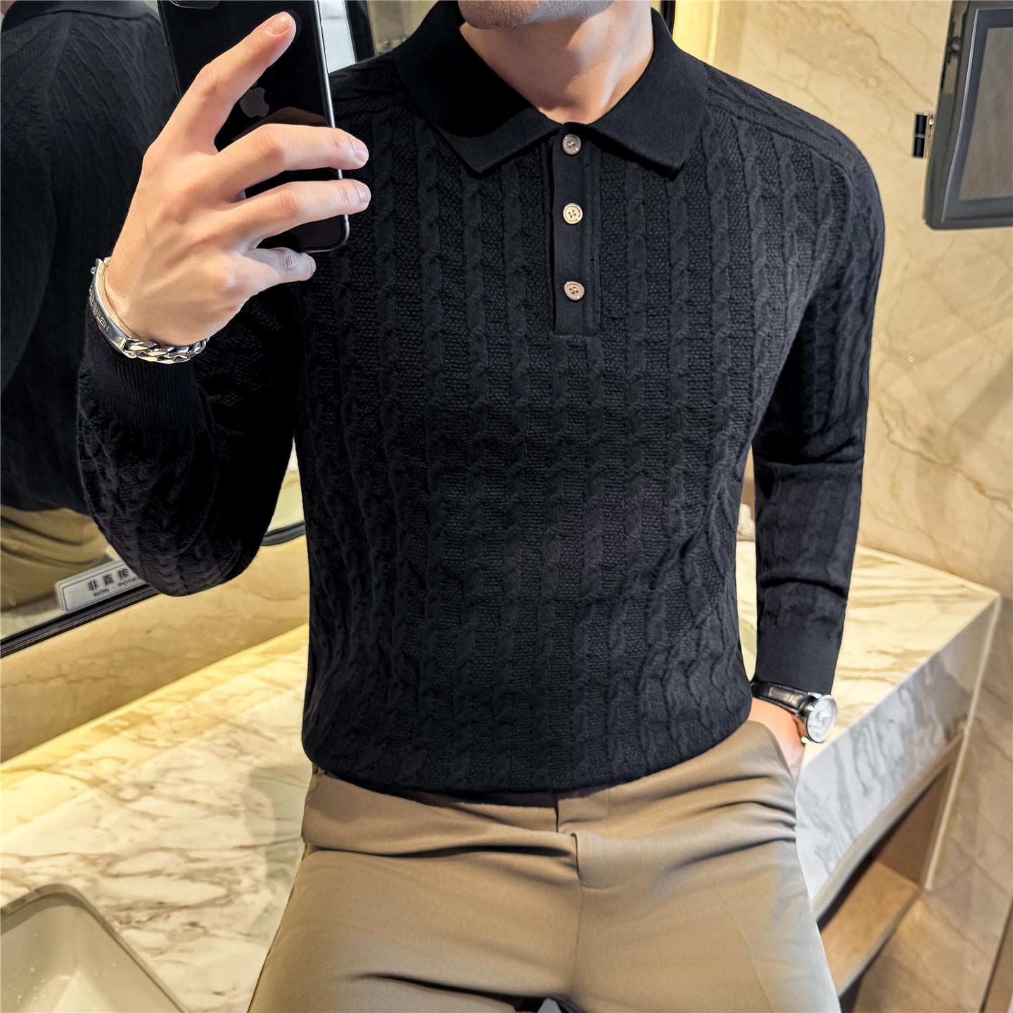 

Men s Old Money Style Polo Collar Cable Knit Wool Sweater - Skin-friendly Trendy Knitwear XXL чорний