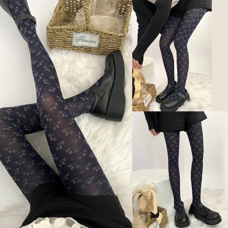 Women Japanese Style JK Vintage Floral Pattern Tights Winter Fall Sweet Girl Jacquard Silky Pantyhose Stockings Leggings