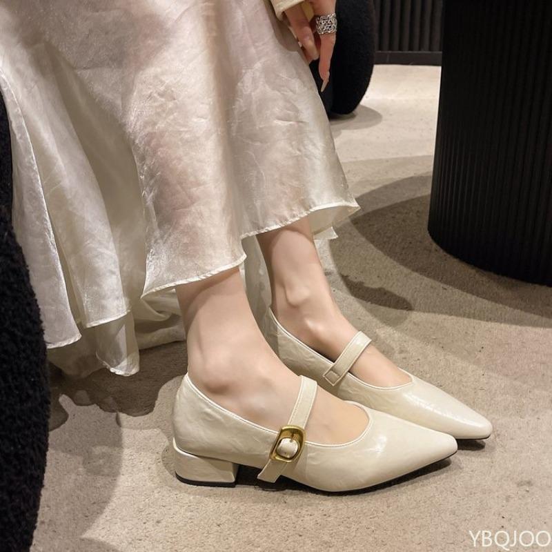 Fashion Elegant thick heeled pointed single shoes for summer breathable shallow mouth comfortable commuting small leather shoes