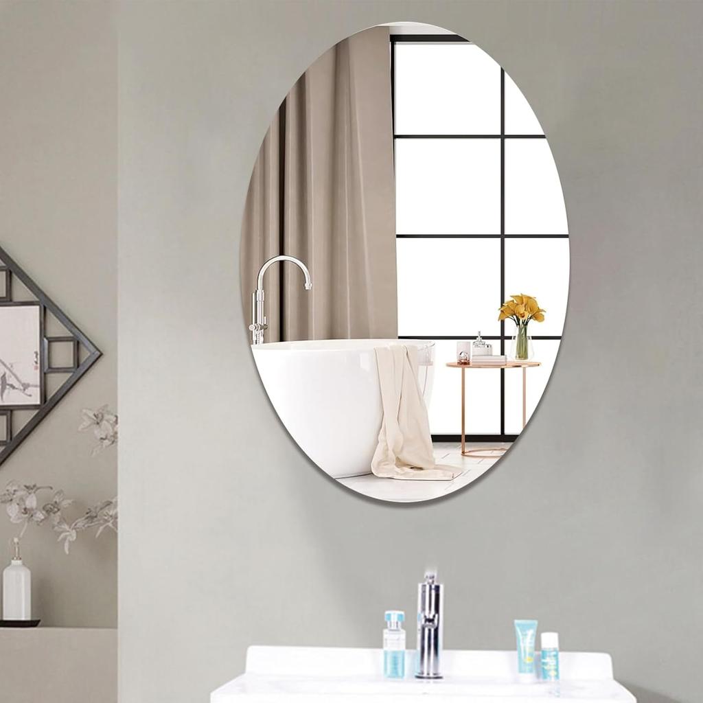 Oval Wall Mirror Non Glass 2Pcs Oval Vanity Mirror Self Adhesive Acrylic Mirror Wall Sticker Flexible Frameless Plastic Mirror Home Decorative Wall