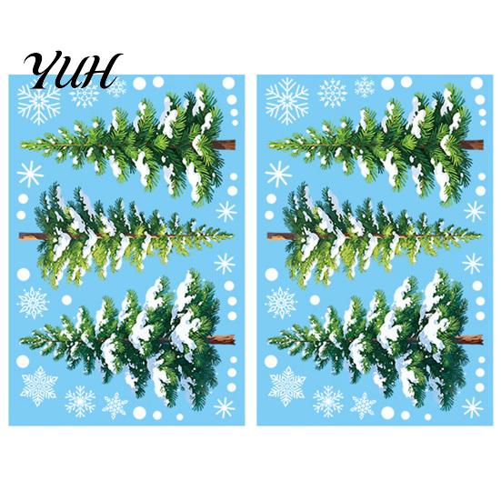 Reusable Glass Adhesive 2Pcs Christmas Snowflake Window Clings, Winter Green Pine Tree Static Decorative Film Stickers, Snow Dots Xmas Decals for Home
