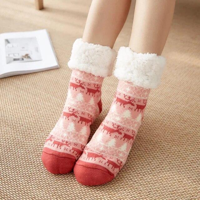 Winter Warm Socks Women Plush Soft Female Non Grip Floor Slippers Short Sock Fuzzy Fluffy Deer Elk Bear Christmas Gift
