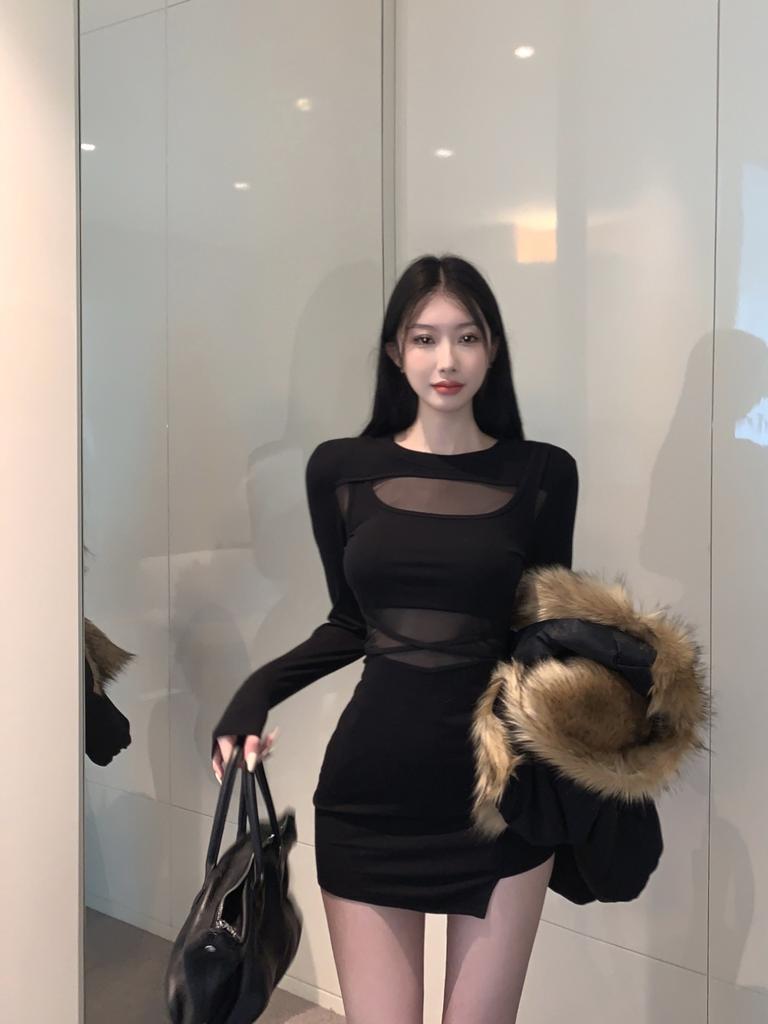 Spice Girl Sexy Mesh Black Long Sleeve Dress Women's Autumn New Black Slim Skinny Buttocks Short Dress