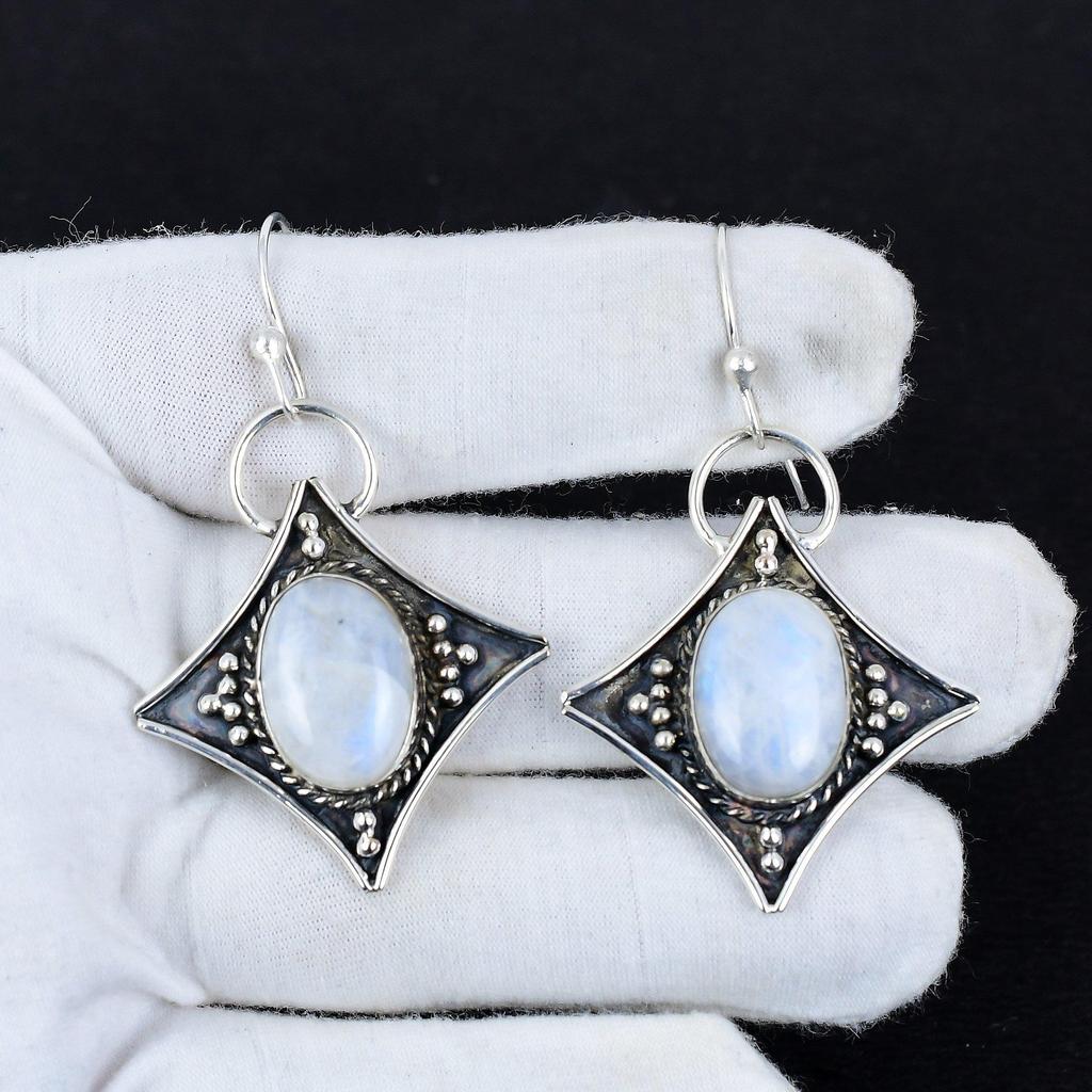 Natural Rainbow Moonstone Antique Earrings 925 Sterling Silver Earring, Boho Silver Jewelry Dangle Earrings, Gifts For Enganement Gifts For Her
