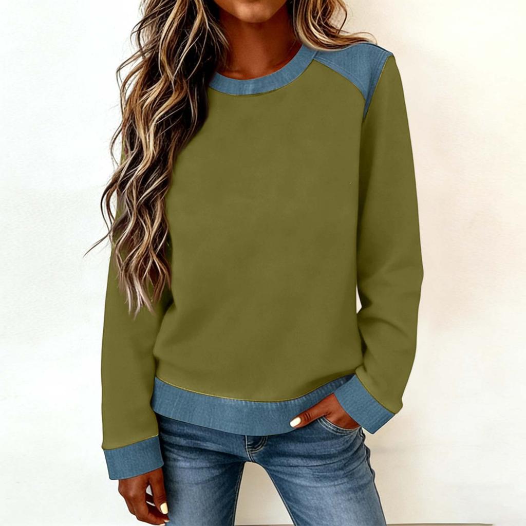 Women Denim Collar Patchwork Stitching Sweatshirt Casual  Pullover Long Sleeve Shirts