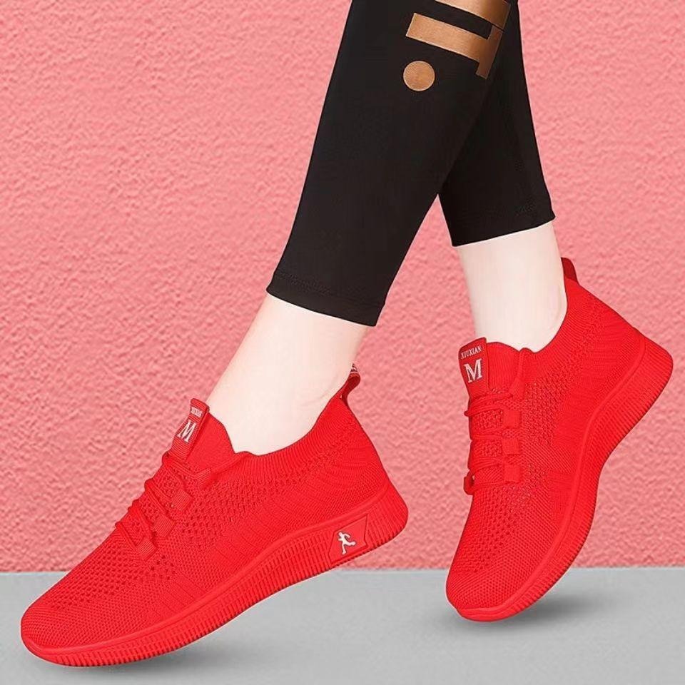 Women's Shoes Red Dance Square Dance Dance Shoes Fly-woven Mesh Breathable Non-slip Soft Sole Middle-aged and Elderly Mother Shoes Sports