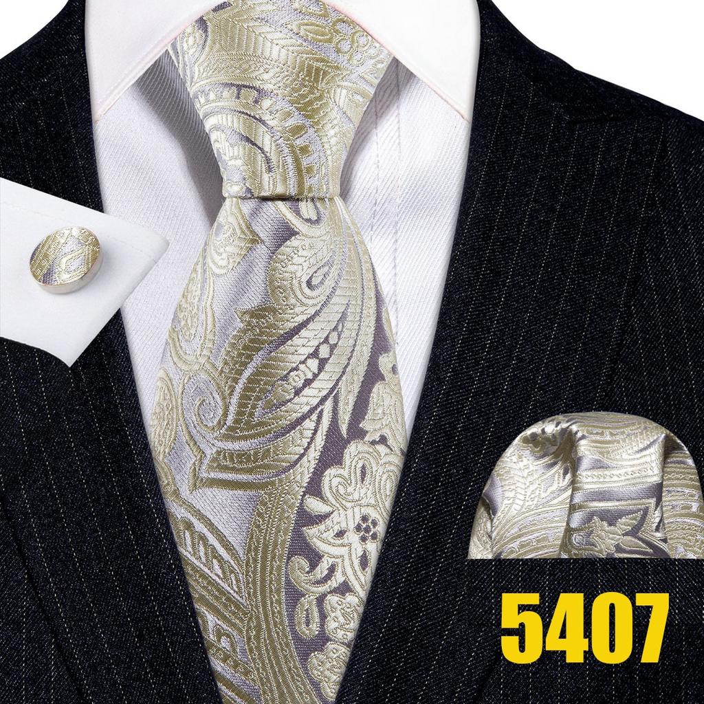 Barry.Wang Męskie beżowe białe krawaty w paski/paisley/kwiatowe krawaty i zestaw spinek do mankietów poszetki